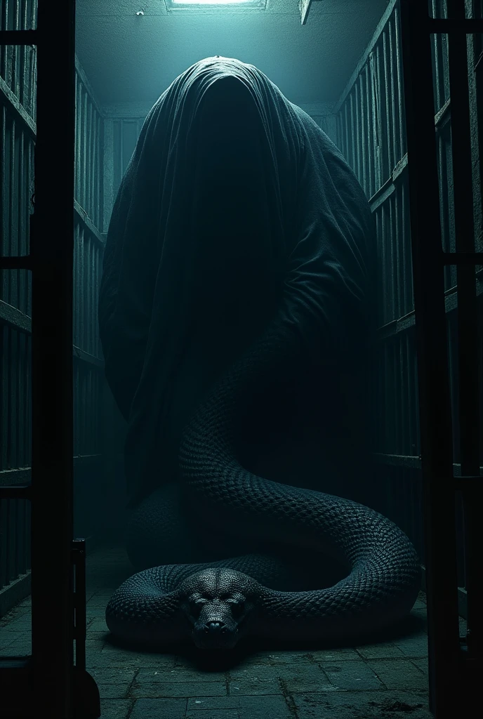 Night darkness、In a cage in a zoo、A giant snake covered in black cloth