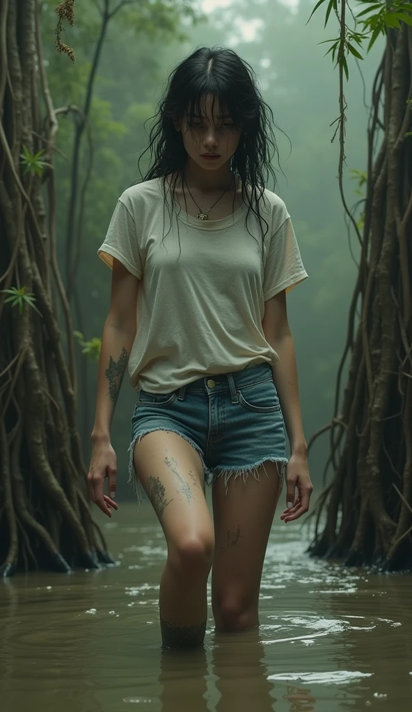 girl in (stockings with garters) and denim cut-offs and t-shirt drowning in bog