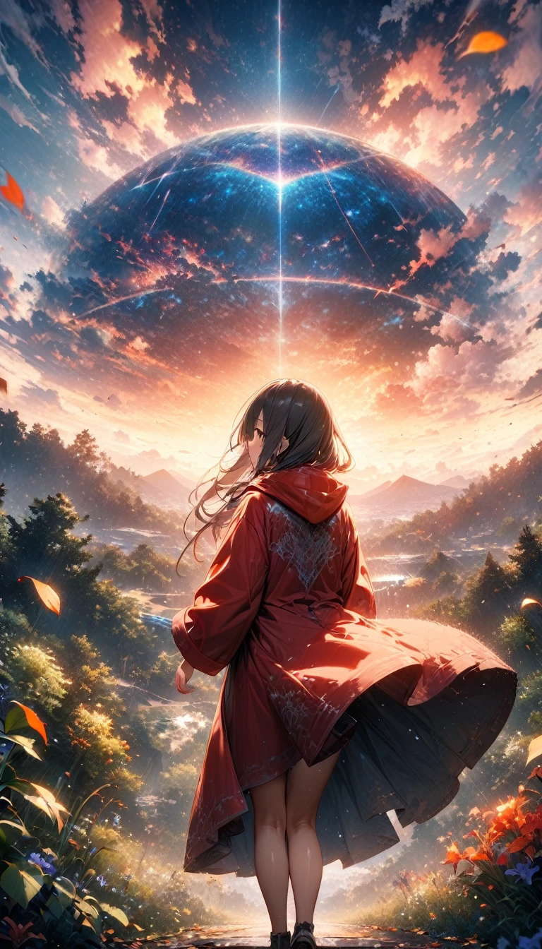 Super detailed: 1.2、Deep writing depth: 1.2、((Panorama, center, masterpiece, Highest quality: 1.2))、 (8k, RAW Photos, Highest quality), ((masterpiece:1.2)), Ultra-high resolution, アニメアート壁紙 8k、 (1 girl、Back view), in the forest、A quiet day with light rain falling。Iris is wearing a red raincoat、wood々I was walking between。She listened to the sound of the rain、Watching the water dripping from the leaves。The forest is mysterious and like another world.、Iris felt this rainy day was a special gift.。