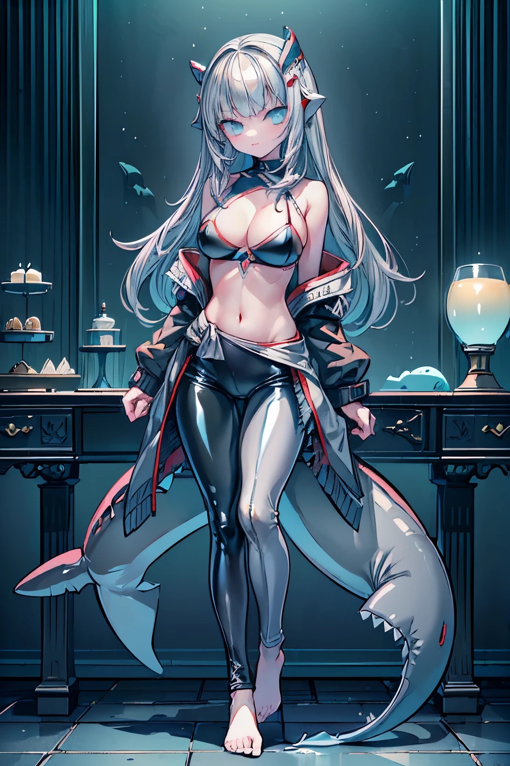 (((masterpiece,Very detailed,Highest quality,Head to waist,Grey shark tail))),
((Very large breasts,One Girl,Shark design,Half an eye,Sleepy eyes)),
Smirk,Dynamic pose,Flexible body,Shiny body,Very wet body,
Grey Hair,Shaggy Hair,
Seductive outerwear,pants,Black leggings,
room,