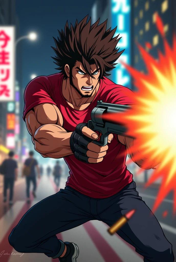 anime、City Hunter、Fang、Colt Python 357 Magnum、bullet、high resolution、Red T-shirt、Muscular、Muscular、Tokyo Shinjuku、wild、Wolf Hair