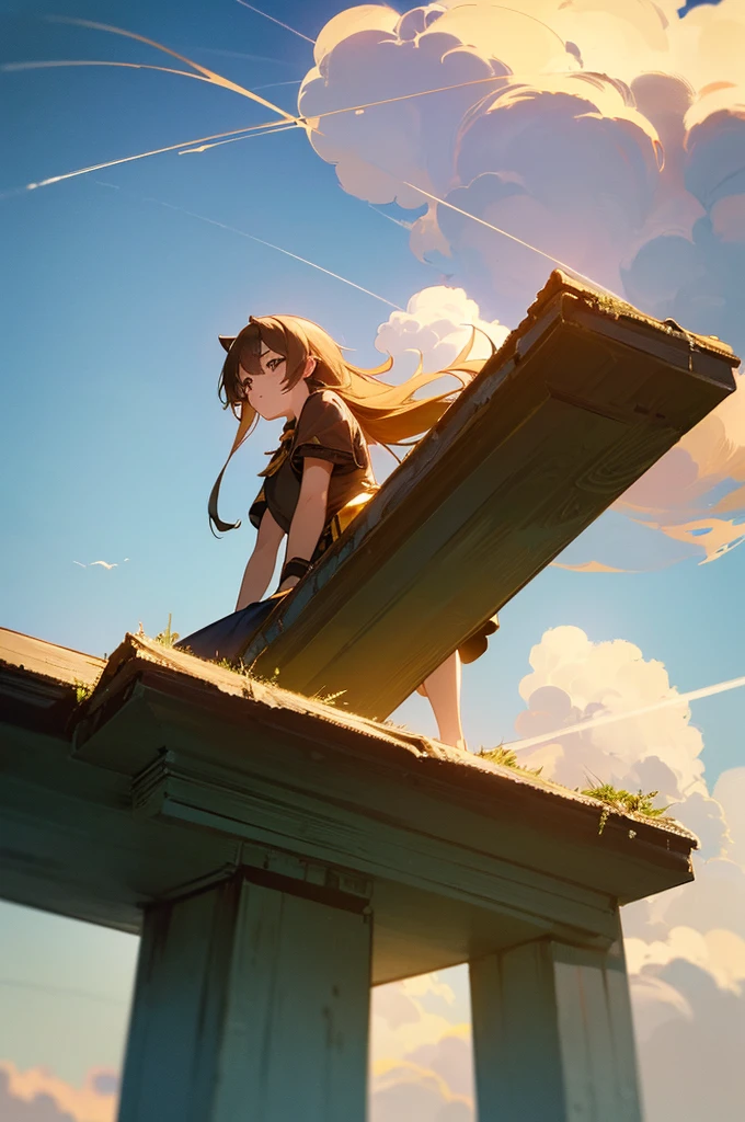 extremely detailed, 8k, highest resolution, (outdoor, on top of a roof, teenage girl, seating on the edge of a roof,(sky golden day, clouds circling a tornado,) (dynamic angle: 1.5, directly below