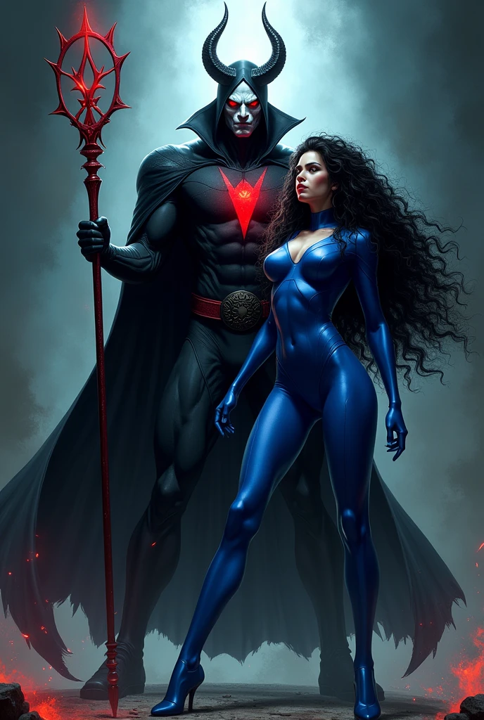 Teen titans raven with red colors with horns and red eyes, casting shadows with a scepter. He has medium hair and pale white skin.. His full body is shown. And he&#39;s fighting America&#39;s female hero., with long black curly hair and a blue suit, The heroine is winning the battle, the heroine is much more powerful and bigger, heroin beats Raven
