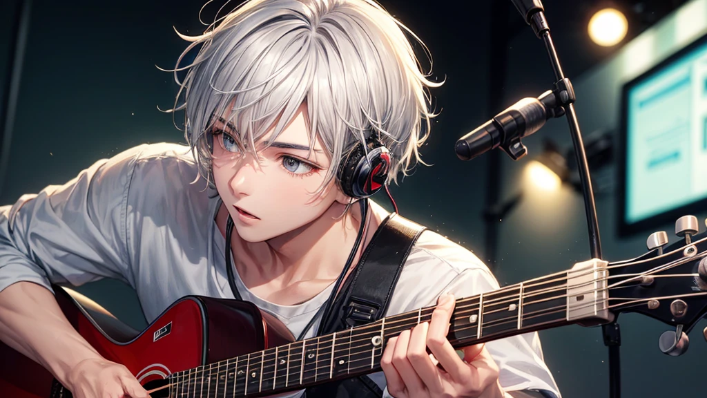 A man with short silver hair and slanted eyes sings while playing the guitar.、microphone、headphone

