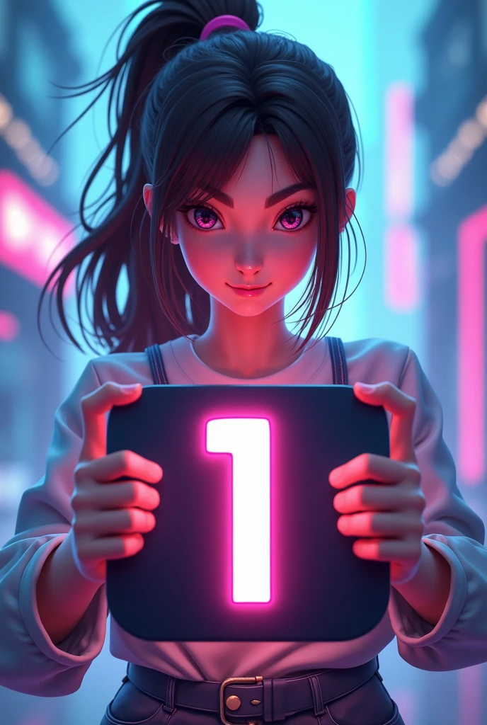 Gaming girl who holds board in her hand which maintain number 1 without animation