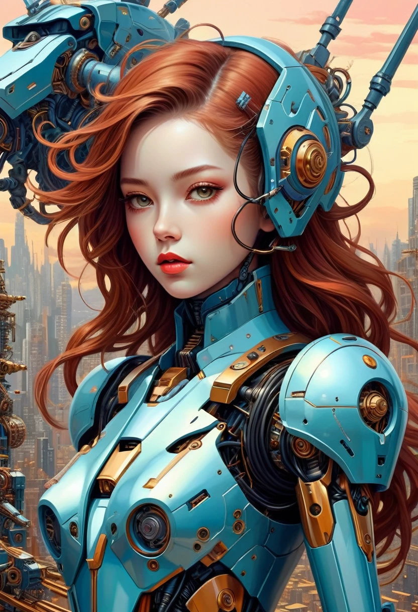 Intricate illustration in surrealist art style,mecha girl,