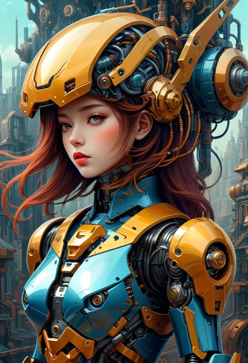 Intricate illustration in surrealist art style,mecha girl,