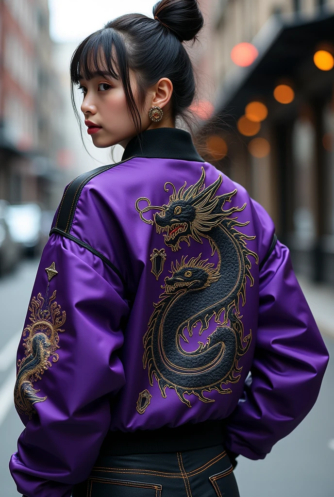 A baseball jacket with a dragon design on the back and put other designs on the jacket, please, purple and black 
