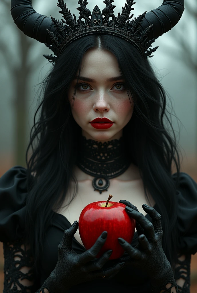 ((RAW Photo), absurd, (absurdresolution)), masterpiece, best quality, (Extremely detailed 8k unity CG wallpaper), (best illustration), (best shadow), Realistic lighting, beautiful detailed glow, ((21 years old)), girl, long black hair, black queen, accessories, apple in hand, poisoned apples, witch queen, red lipstick, (((Photographic Perspective of her)))