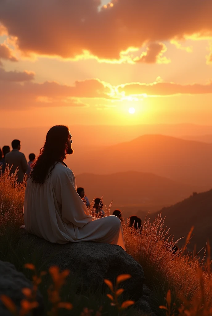 Jesus on a hillside sitting at sunset, with spectators attentive to his words