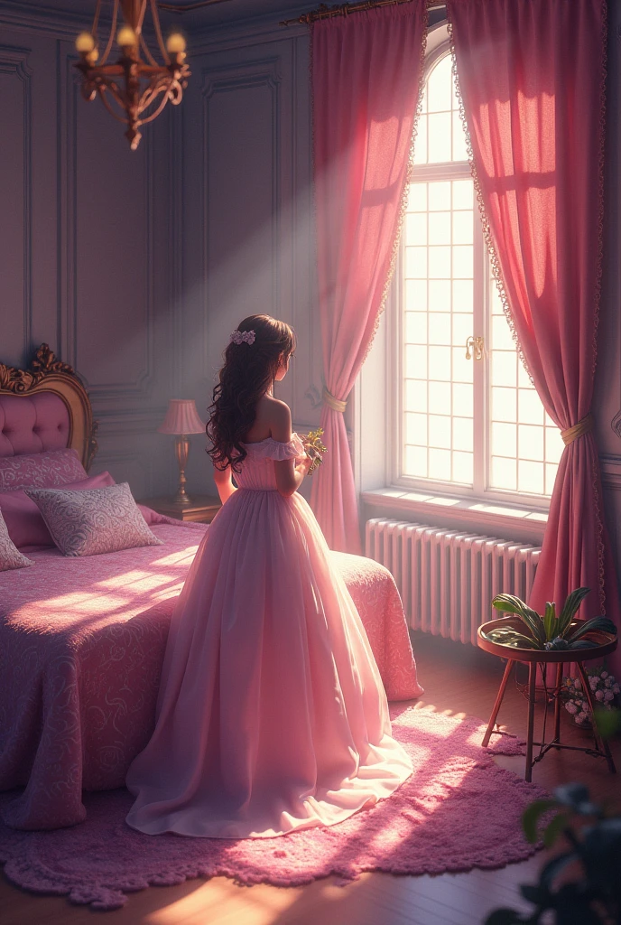 Masterpiece, best quality, (very detailed CG unified 8k wallpaper), (best quality), (best illustration), (best shadow), (Stable Diffusion Model), violet evergarden, shimmering, beautiful, victorian style bedroom, dynamic lighting, depth of field, Jeane Ceehaz