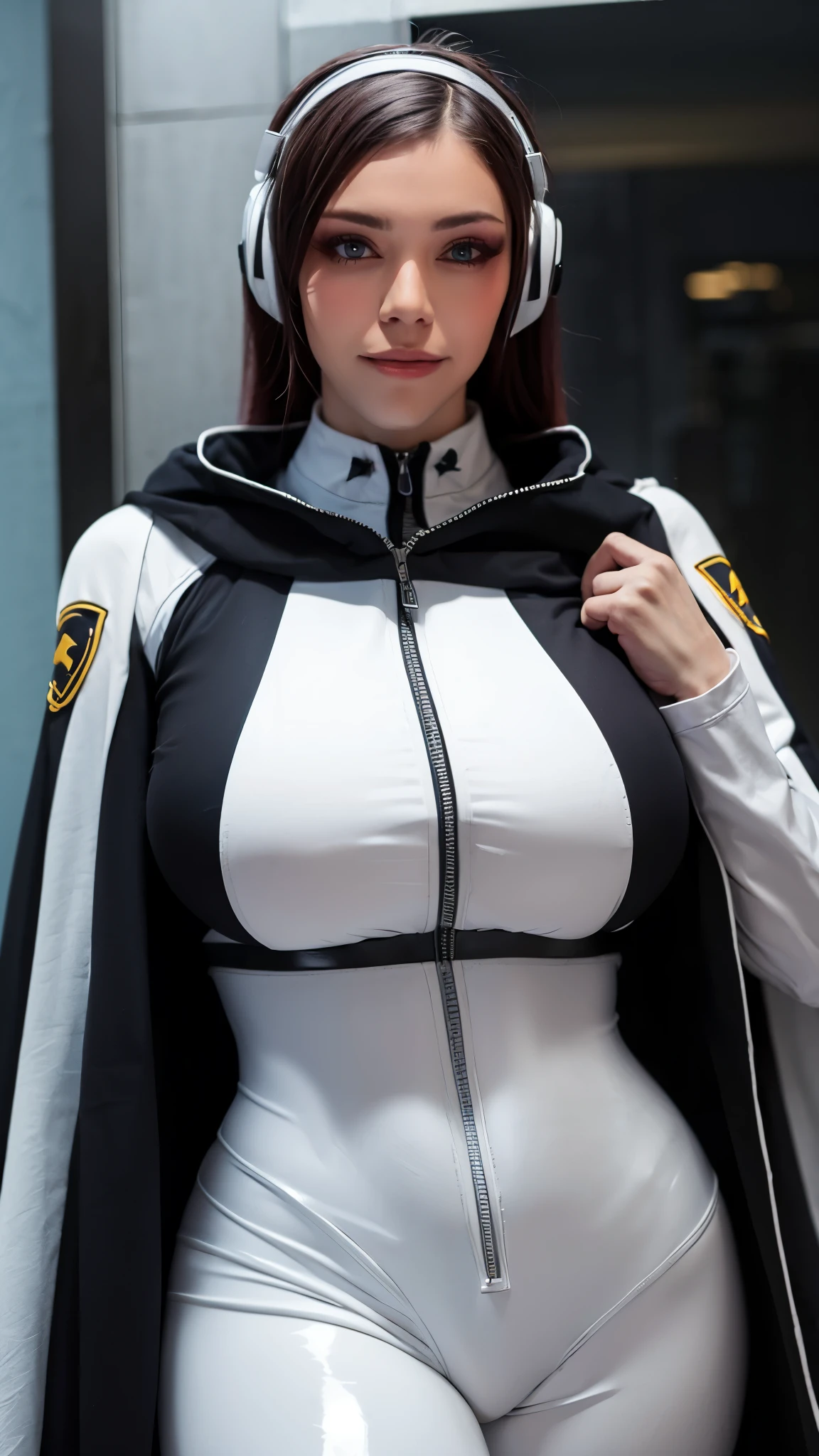Cosplayer_Queen, CLOSE UP UPPER BODY,solo, COWBOY SHOT, ((E-SPORT HEADPHONE, CAUCASIAN BLACK HAIR:1.4)), (GIGANTIC FAKE BREASTS,11 LINE ABS:1.5), (TIGHT FUTURISTIC MECHA ARMORED OVERWATCH, ROYAL LONG CAPE:1.5), (MUSCULAR SLENDER BODY SHAPE:1.5), (CLEAN GLOSSY BODYSKIN:1.5), (LOOKING AT VIEWER:1.6), (BACKGROUND FUTURISTIC SPACE STATION:1), (Photorealsitic:1.4), (Ultra-detail), (TOP-QUALITY), (BEST SHADOWS), BRIGHT LIGHT IN ROOM, HYPER TEXTURE, (4X MSAA), ((UNREAL ENGINE 5 RENDER)), (NEON), PHYSICALLY-BASED RENDERING, ULTRA HIGHT DEFINITION, 16K, 1080P.