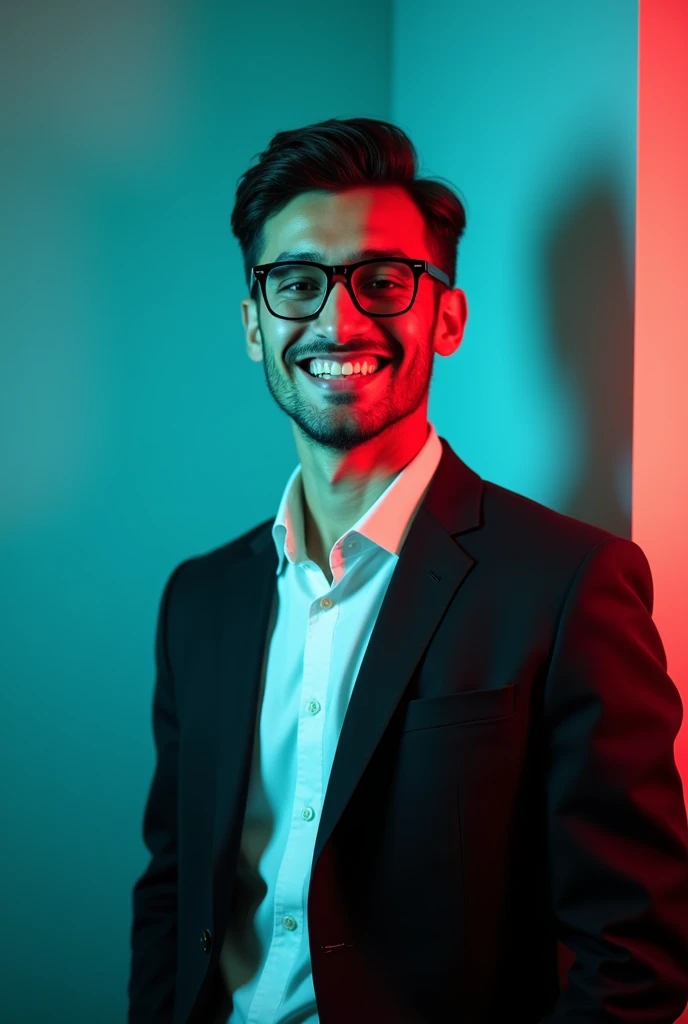 A young man with dark hair and confidential smile he is dress a black blazer over a white shirt and glass on eye A man is positioned against aqua colour blackdrop with a suitable red lighting of the rate site and posting for linkedin profile