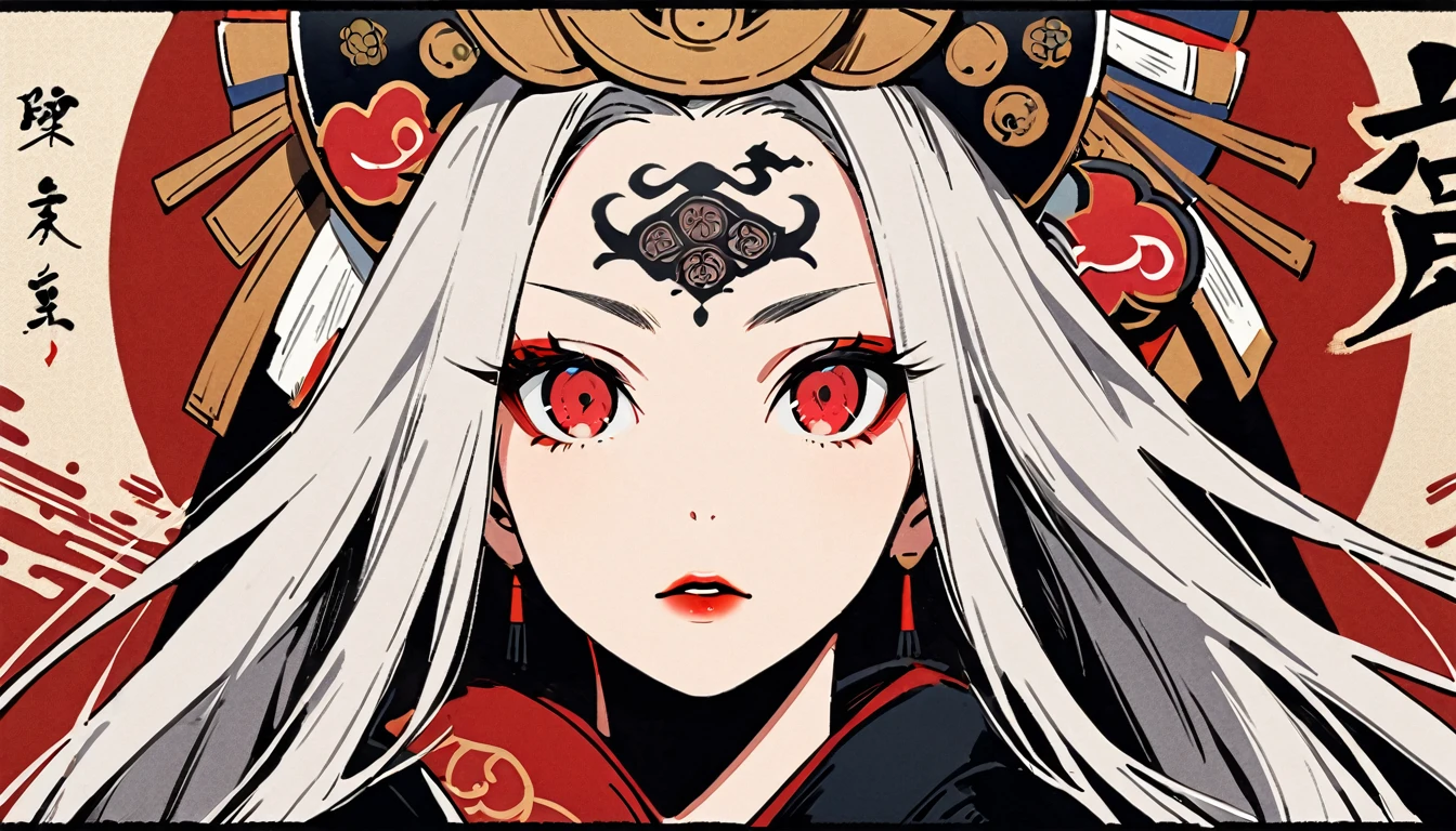 Ink painting, (((1 girl))), (((Tattoo in the middle of the forehead))),(((In the background is the Akatsuki moon))), (((Oiran))), (((Great hair accessories))), Japanese style headphones, Demon possession, (((Red eyes with an inscription inside them))),Face up close, Japanese beauty, White hair, Sensitive and precise, Modern Ukiyo-e style