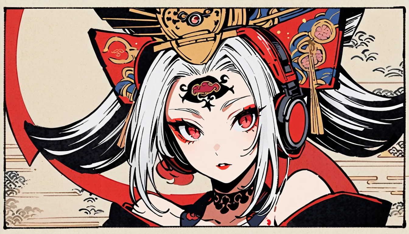 Ink painting, (((1 girl))), (((Tattoo in the middle of the forehead))),(((In the background is the Akatsuki moon))), (((Oiran))), (((Great hair accessories))), Japanese style headphones, Demon possession, (((Red eyes with an inscription inside them))),Face up close, Japanese beauty, White hair, Sensitive and precise, Modern Ukiyo-e style