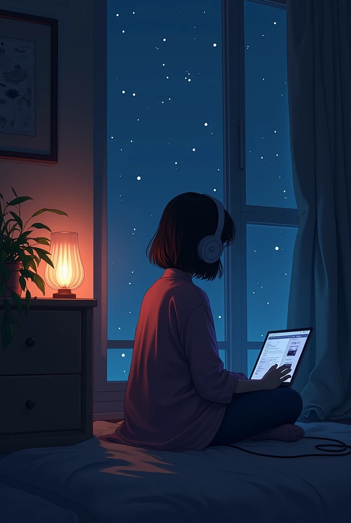 night、Girl listening to music in a cozy room, Using headphones, 2D-style animation, Lo-Fi, hard disk, Dark Environment