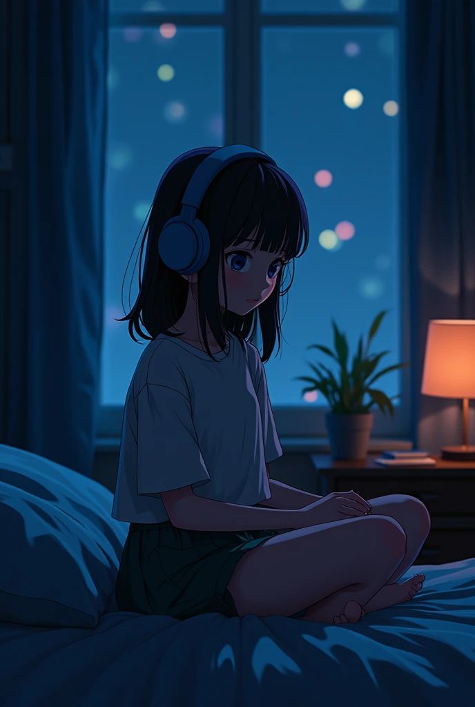 night、Girl listening to music in a cozy room, Using headphones, 2D-style animation, Lo-Fi, hard disk, Dark Environment