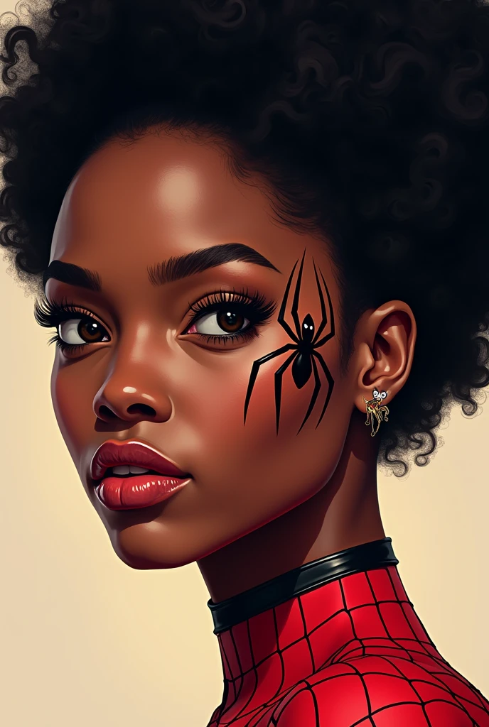 Spider-woman from the movie Spider-Man with afro features drawing just her face with a spider tattoo on her face