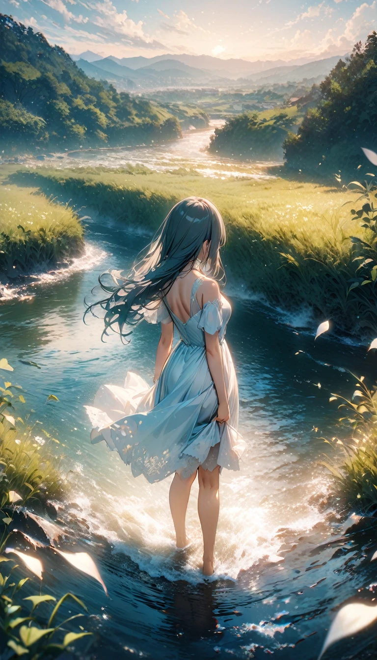 Super detailed: 1.2、Deep writing depth: 1.2、((Panorama, center, masterpiece, Highest quality: 1.2))、 (8k, RAW Photos, Highest quality), ((masterpiece:1.2)), Ultra-high resolution, アニメアート壁紙 8k、 (1 girl、Back view), green々By the river flowing through the grassland、The Luna was playing alone。She is wearing a light dress、With your feet in the river、I was chasing leaves floating down the stream。The river murmurs gently、Luna heard the sound.、I felt like I was one with nature.。