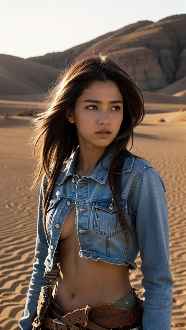 masterpiece, Transition to a desert landscape at sunset, a lonely figure, A beautiful 13-year-old American teenager emerges wearing beautiful post-apocalyptic nomadic clothes., White skin, by rubio, gray blue eyes, Freckles in the face, slim body for running, small breasts, Very detailed face, ultra realistic face, very beautiful face, clean but tired face, post-apocalyptic clothing. Layers of tattered fabric, unconventional accessories, and a worn appearance create an aura of survival and resistance., 16k, ultra high resolution.photorealistic, HD, raw, DSLR
