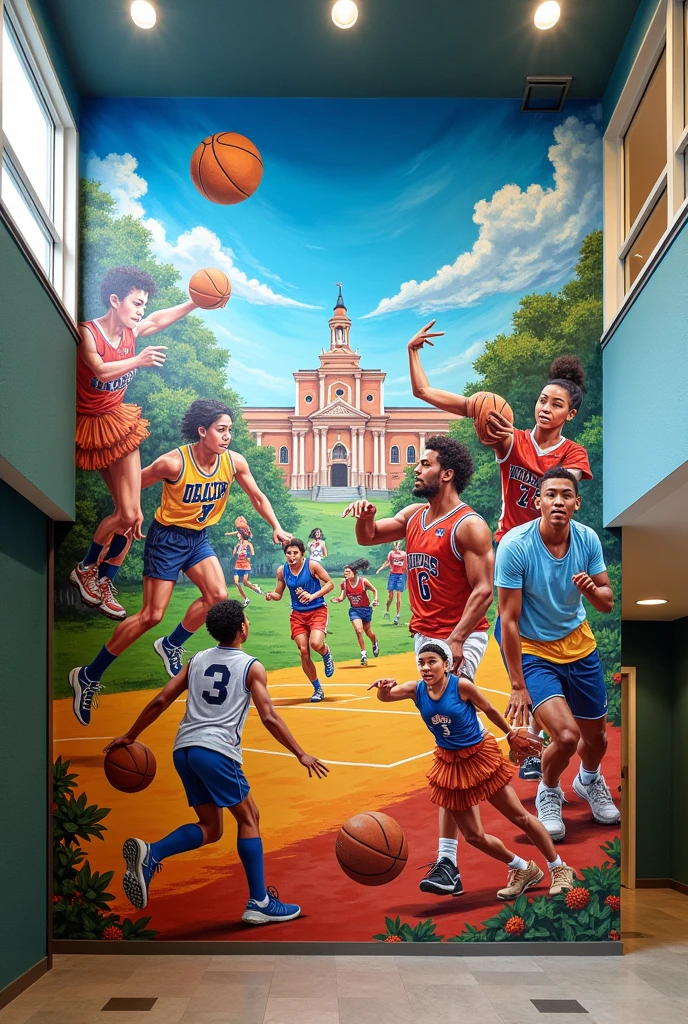 Receptacle. A mural representing the sport and culture of a school