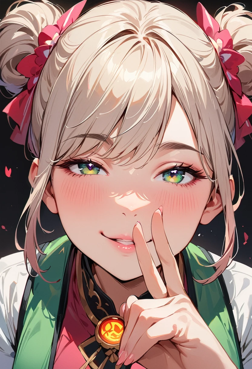 (masterpiece, best quality:1.4), 1 girl, 独奏, Colored pupils, Blurred eyes, Close your left eye, Smile, Look up and down, Pink lower lip, peace gesture, Green double ponytail hairstyle, Royal sister, large breasts, Vest, Vision, black background.