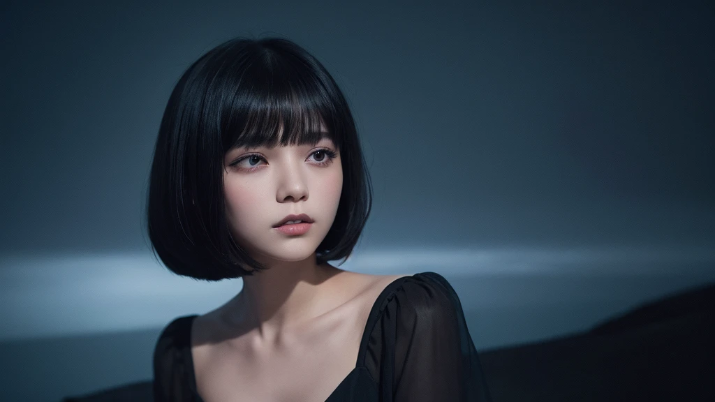 Delicate and dainty young woman with shiny bob-cut black hair . She is wearing black dress. The background is a fantastic and ethereal night sky that seems to be haunted by a specter. Her expression is stern and atmospheric. Angle from directly below.