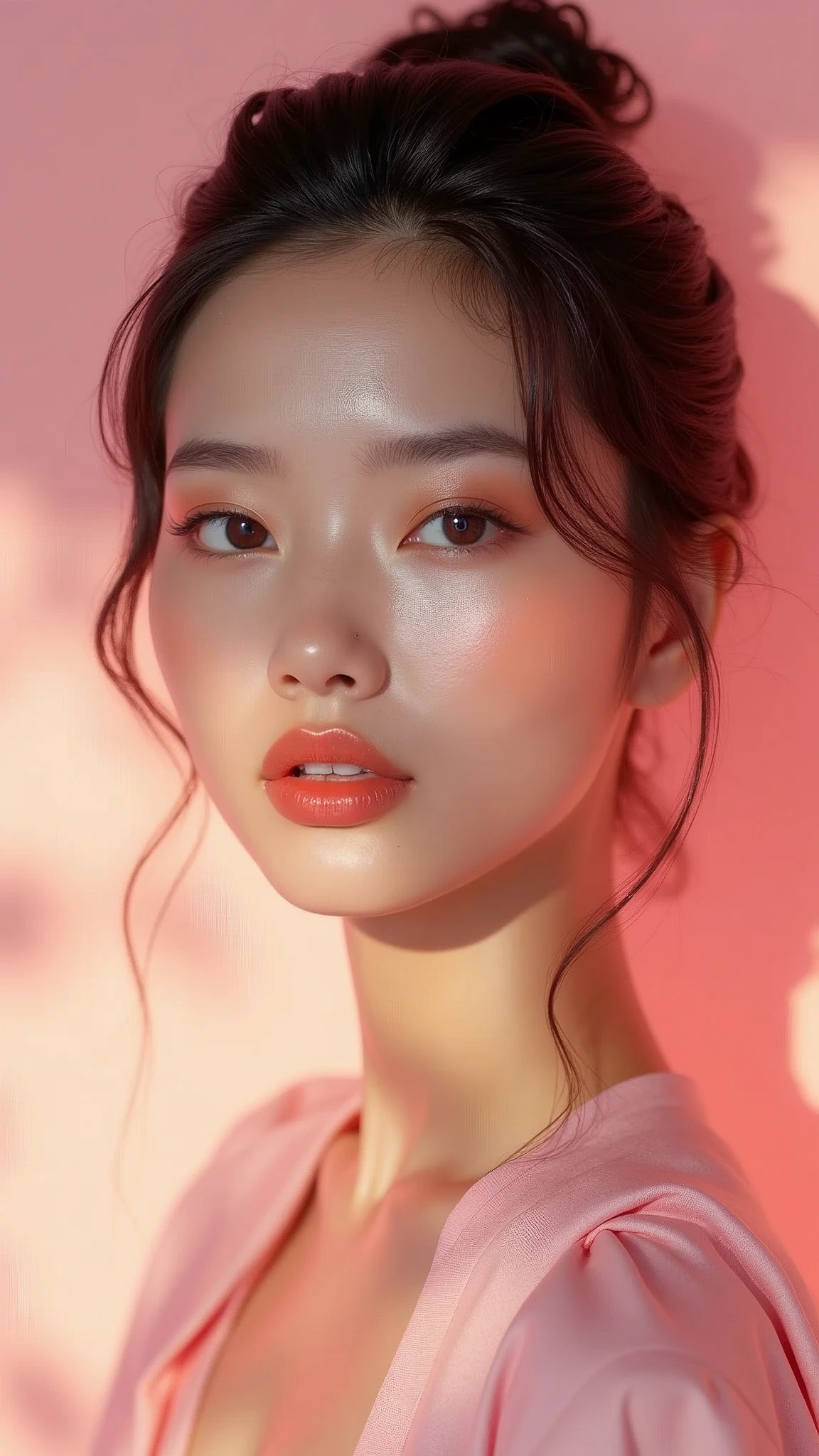 A beautiful asian female model with radiant and healthy skin, wearing a light pink background, showcasing the glow of translucent clear oil on her face. The focus is sharp and detailed, highlighting every curve from nose to cheekbones, capturing an elegant and luxurious look. Her hair should be styled elegantly. High resolution photography, high quality, high detail, in the style of a renowned artist