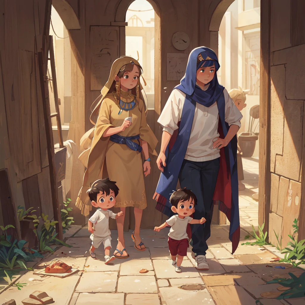 Scene: One boy Moses 7 years old, now grown, walk Alone, luxurious Egyptian clothes, walking through the halls of the egiptian palace, (no more children around the center character moses)