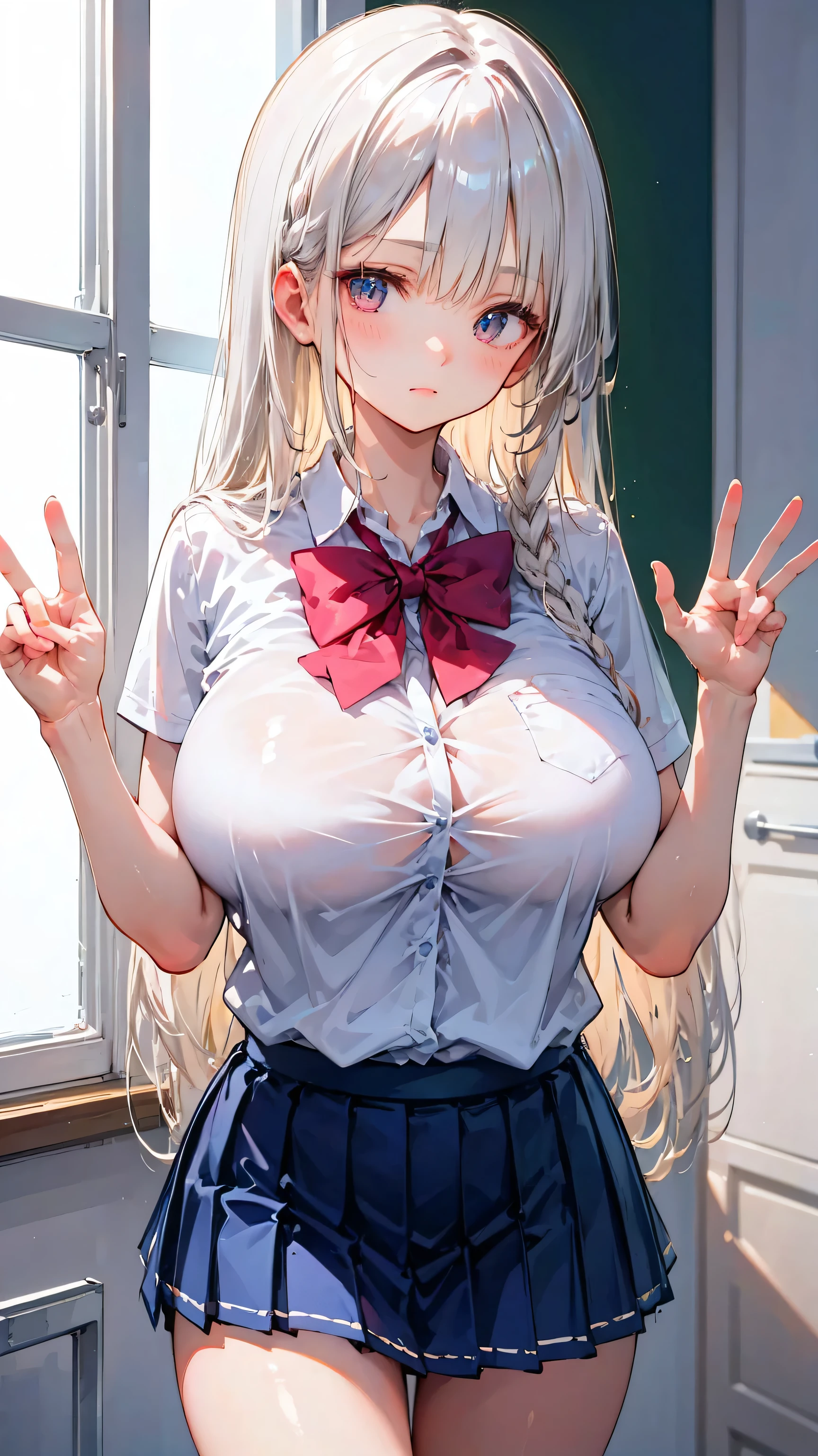 Ultra-high resolution, 8k,high quality,(Young Girl、glowing、iridescent light,soft shadow,Anime Painting,((school uniform,Miniskirt)),thin line drawing),One Little Woman,(((slim figure,slender figure))),(((Huge breasts,Shapely round breasts,pert breasts))),