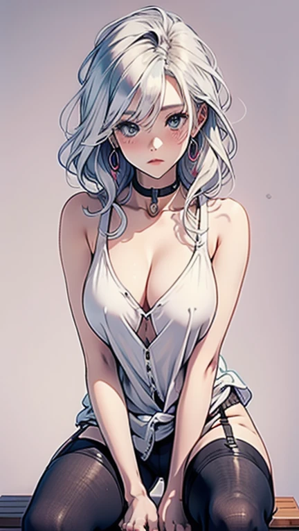 1girl,white hair,large breasts,seductive anime girl,perfect white-haired girl,short white-haired girl,beautiful anime girl,beautiful charming anime woman,blushing face,attractive anime girl,stockings,sitting in a riding pose,barely covered chest,thighs compressed by stockings,(best quality,4k,8k,highres,masterpiece:1.2),ultra-detailed,(realistic,photorealistic,photo-realistic:1.37),anime drawing by Ross Tran,pixiv,art process,top rated on pixiv,clean detailed anime art,black background,moonlight,blue eyes,sexy girl