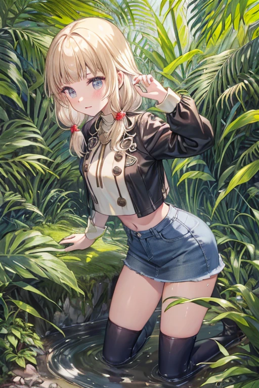 (((professional: Step by Step, taking into account even the smallest detail, God Level Final Result, full body with intricate details, only 1 girl, Image: all the intricate details, masterpiece))): "Quality 3, Wet anime, hyper details, Wet anime 17-years-old white woman with random colored hair Wet hair tied back with a red ribbon Her eyes are the same color as her wet hair, delgado, clothing white crop top and denim miniskirt, A jungle background under a constant torrential rain that soaked them, Wet Back Posture, showing her beautiful body 92 59 90, flirty face, pedestal invisible,, film grain, fuji colors, contrast of lights and shadows, textured skin, dynamic pose, realism, sunlight, high contrast, very sexy pose"