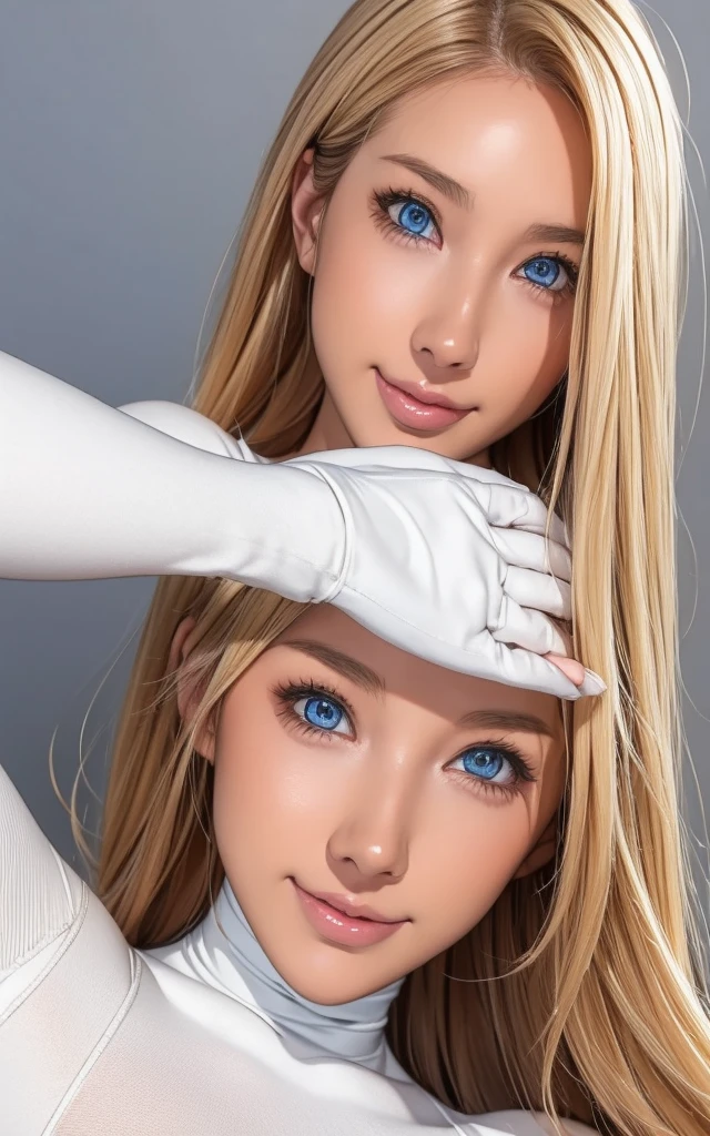 girl, smile, white bodysuit, blonde, blue eyes, Hyper Realistic