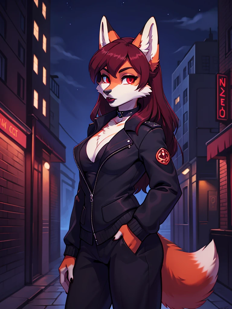 Best quality, furry girl red fox with red eyes, with black long hair, with black spout, with burgundy lipstick, big lips, in a classic black jacket, with a black choker around his neck, with black top, dressed as a secret agent, portrait, shoulder-high, y pose, stands against the backdrop of the night Soviet city