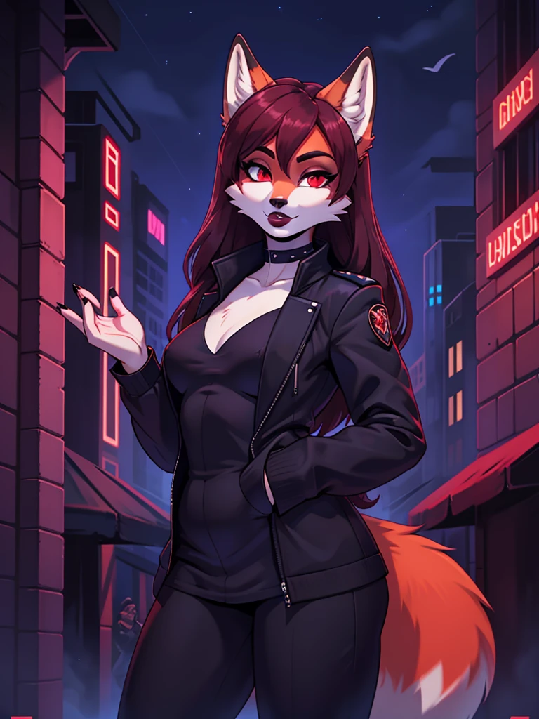 Best quality, furry girl red fox with red eyes, with black long hair, with black spout, with burgundy lipstick, big lips, in a classic black jacket, with a black choker around his neck, with black top, dressed as a secret agent, portrait, shoulder-high, sexy pose, stands against the backdrop of the night Soviet city