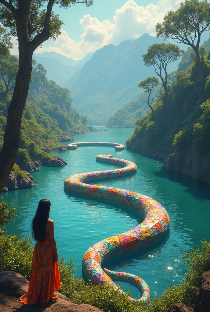 A Giant Snake with Triangles of Different Bright Colors in a Large River with an Indigenous Woman in a Triangle Dress Sees It