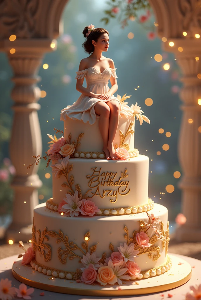 **Prompt:**

A beautiful young woman sitting on a large, ornate birthday cake, surrounded by sparkling lights. The cake is decorated with flowers and gold accents. The text "Happy Birthday Arzy" is written in elegant script on the side of the cake. 
