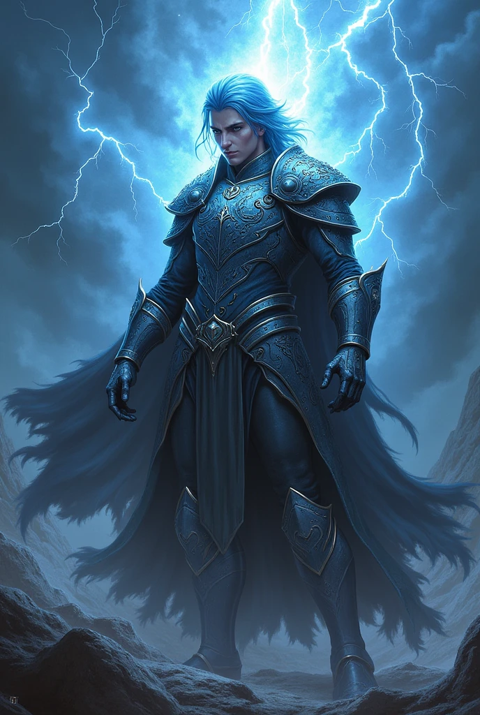 Storm wizard with slightly blue hair with magical armor without helmet
