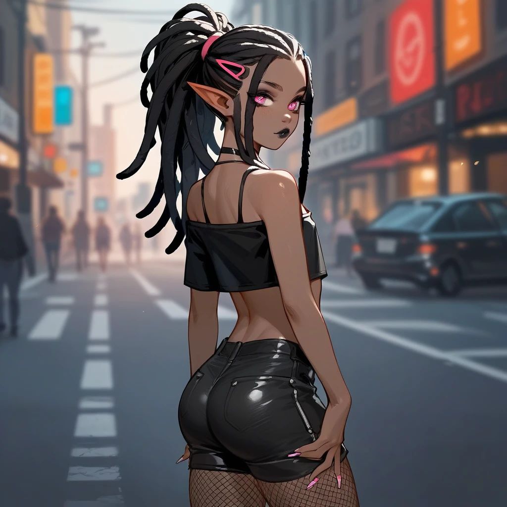 Best quality, highly detailed, ultra detailed, 1 brown skin boy, flat chest, male chest, slim curvy body, long pink dreadlocks, pink eyes, pointy elf ears, sharp nails, black lipgloss, goth, black oversized crop top, black shorts, fishnets, big butt, standing on street, close up on butt