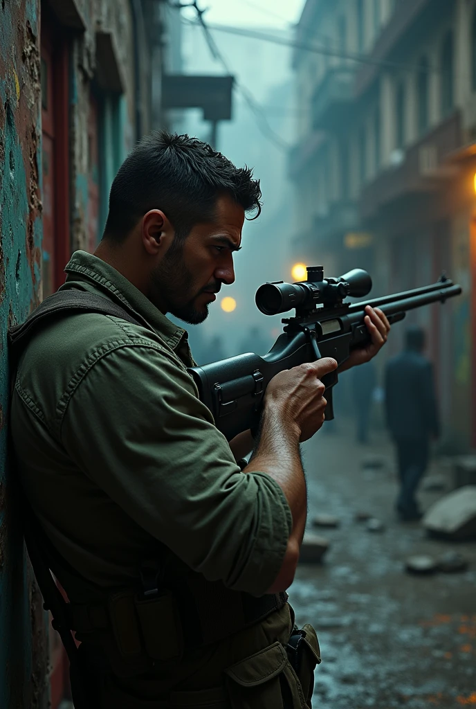 Malé anger character with sniper, background of a gang,back angle view