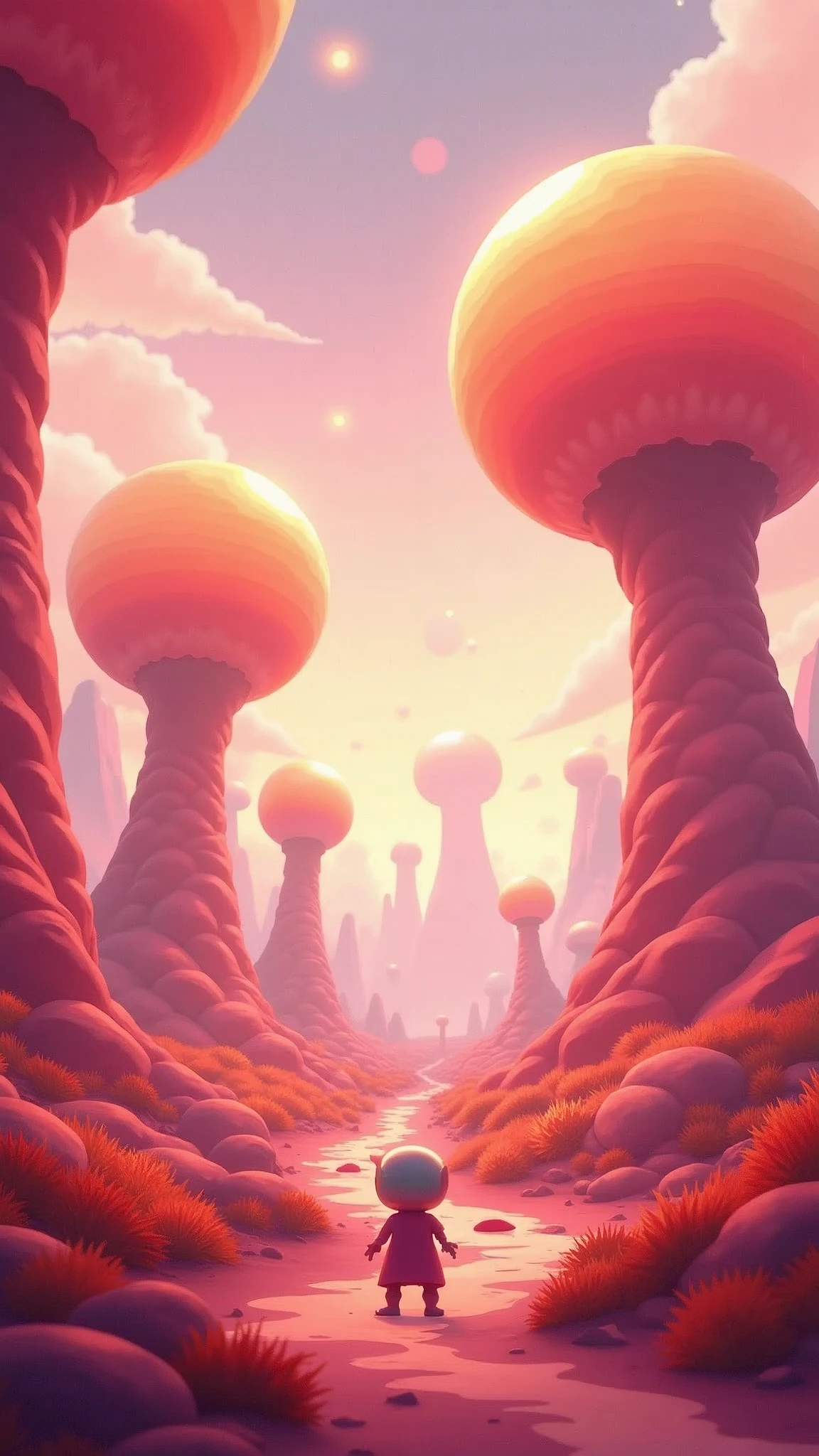red alien landscape, cartoon, digital, illustration, soft, lighting, dreamy, atmosphere, cartoon, anime, flat, vector, illustration