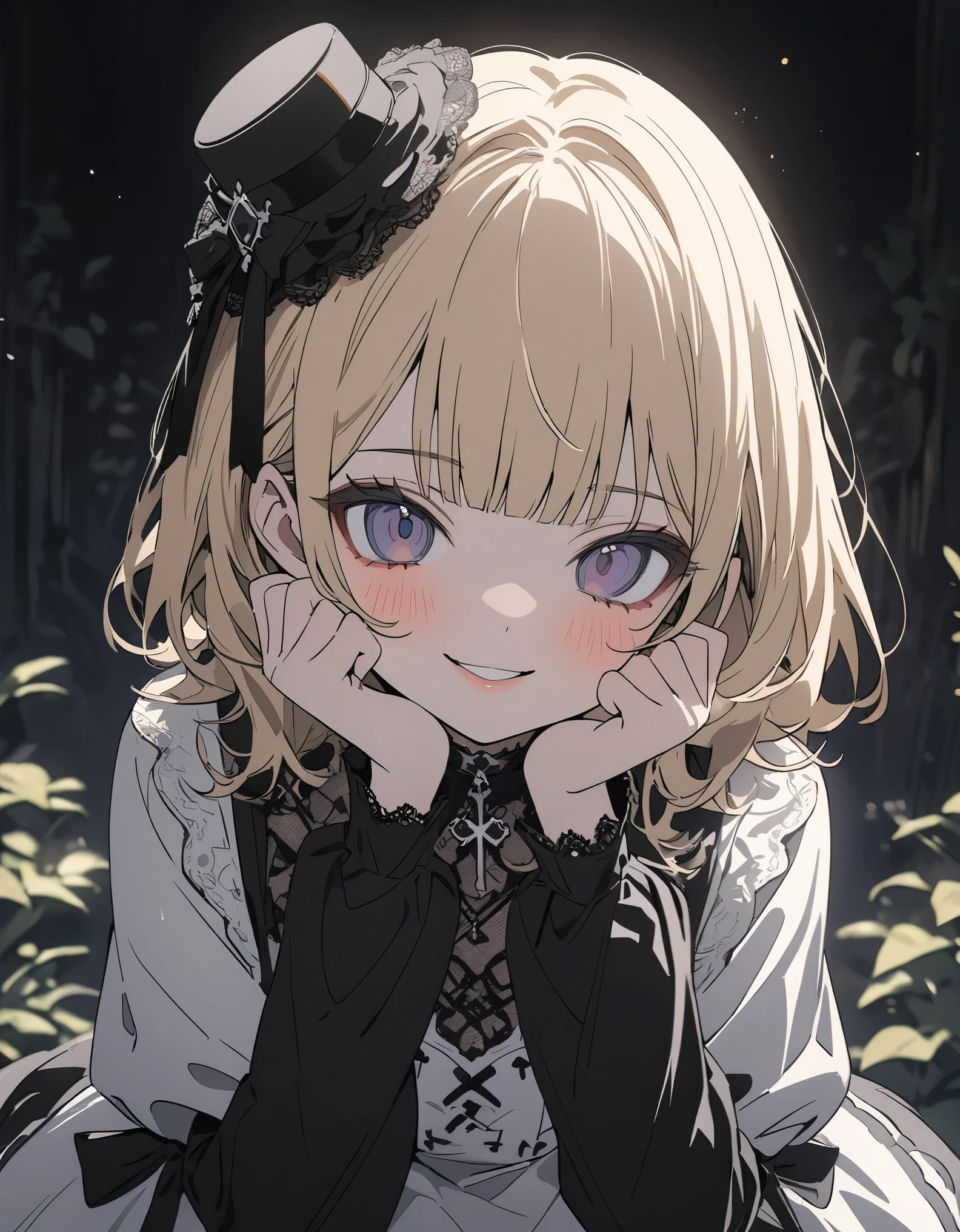 ((Masterpiece)), ((best quality)), (super detail:1.2), (High Definition:1.3), ((extremely detailed)), (flat color), (flat shading), (8K), (Professional Photography:1.2), (very aesthetic:1.2), (absurdres:1.2), (sharp focus), (perfect light), ((kawaii)), (drop shadow), (wide shot), (()), ((1 princess)), Textured skin, ((medium hair)), ((Beautiful Gothic Lolita whitesses)), (very hoop-dress), ((Luxury cross motif embroidery)), (intricate lace details), Victorian-style collar, cute innocent young girl, BREAK, ((loose blunt bangs)), ((put on mini silk hat)), Slender body, small chest, (silky blond hair), (cute makeup), cute cheeks, glossy lips, pouty lips, bags under the eyes, (lower eyelashes), beautiful hair, ((naughty smile)), blush, Light particles, ((place hands on cheeks)), mysterious and elegant, (in the Beautiful Dreamy garden), (detailed background:1.2), newest, gothic lolita,gothic,