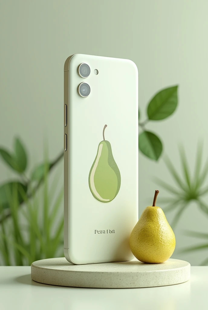 Make a cell phone with a bitten pear symbol, and the brand name is pera pad, put this behind your cell phone 
