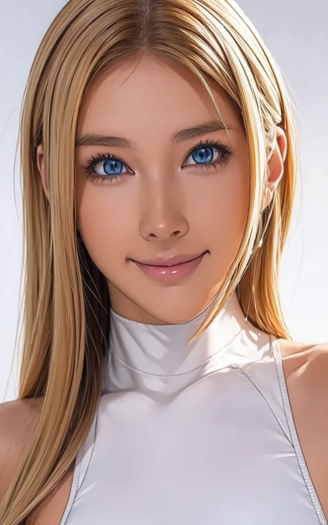 girl, smile, white bodysuit, blonde, blue eyes, Hyper Realistic