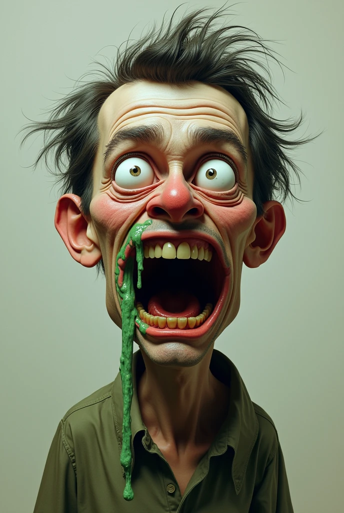 Generate an image of a man wearing very dirty and torn socks , do it with a surprised expression and with green phlegm running down its nose