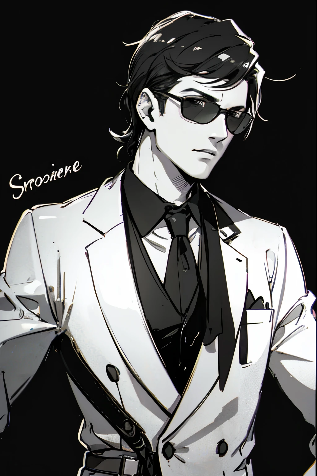 Stylish 30s man in monochrome sunglasses suit, top quality