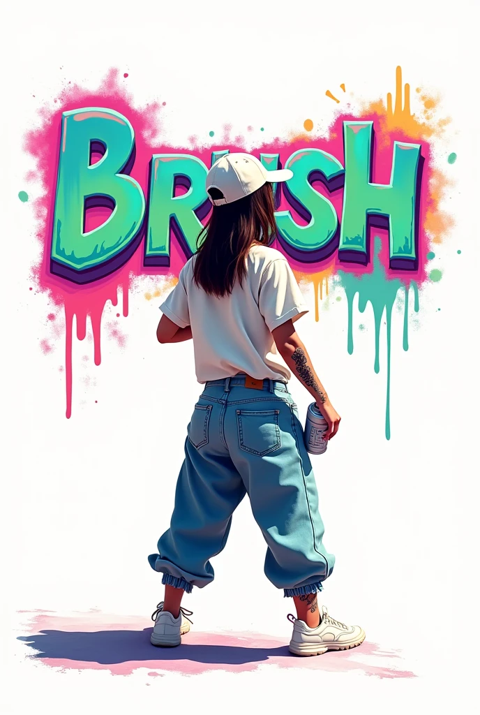 A person spray-painting the name Brush , Cartoon, with baggy clothes , With Cap Back  , on a white background , tattoos on right arm , White sneakers, loose jeans, face covered, cap on backwards, white blouse 
