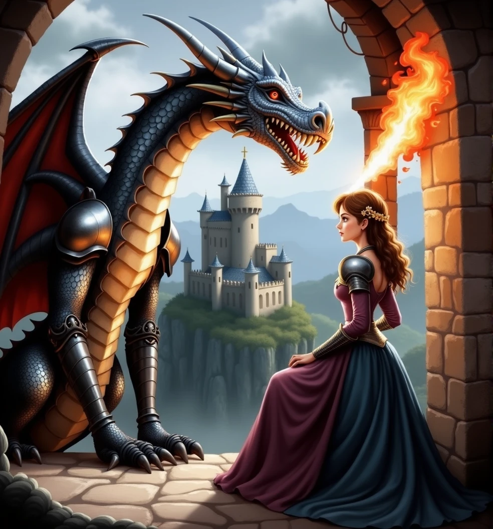 [Core Concept]
A courageous knight, Ivan, engaged in a perilous battle against a fearsome dragon within the confines of a dark, foreboding cave.

[Character Description]
The valiant knight, Ivan, stands resolute, his armored figure casting a dramatic silhouette as he prepares to face the monstrous dragon, every muscle taut with determination.

[Environment/Background]
The cavernous space is shrouded in shadows, the walls glistening with moisture and the air heavy with a sense of unease. The dragon's massive form looms in the background, its scales gleaming with an otherworldly iridescence.

[Style and Atmosphere]
The scene is rendered with a masterful blend of realism and drama, the chiaroscuro lighting lending an intense, almost cinematic quality to the composition. The bright, vivid colors heighten the sense of danger and the palpable tension of the confrontation.

[Composition]
The composition is tightly framed, drawing the viewer's attention to the central figures and the impending clash, with the knight's powerful stance and the dragon's coiled, menacing presence creating a sense of imminent action.

[Details and Embellishments]
The intricate details of the knight's armor and the dragon's features are rendered with exceptional sharpness and clarity, heightening the sense of realism and the visceral nature of the encounter.

[Technical Specifications]
The image is a masterpiece, with a level of detail and realism that transports the viewer into the heart of the kingdom's delight – a thrilling, high-stakes confrontation between a brave knight and a formidable dragon.