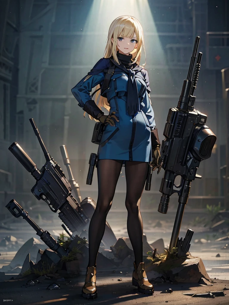 holding_gun, assault_rifle, Very detailed, Anime Style, whole body, alone, Stylish Gunfighter Girl, Holding a steampunk long barrel pistol,Standing in the wasteland, 8K high resolution, White Background, In the spotlight, The background is a dark and desolate landscape, Horror movie atmosphere. Her figure is very beautiful, Emphasizing the dark and crazy elements. Skillfully expressing the effects of light and shadow,