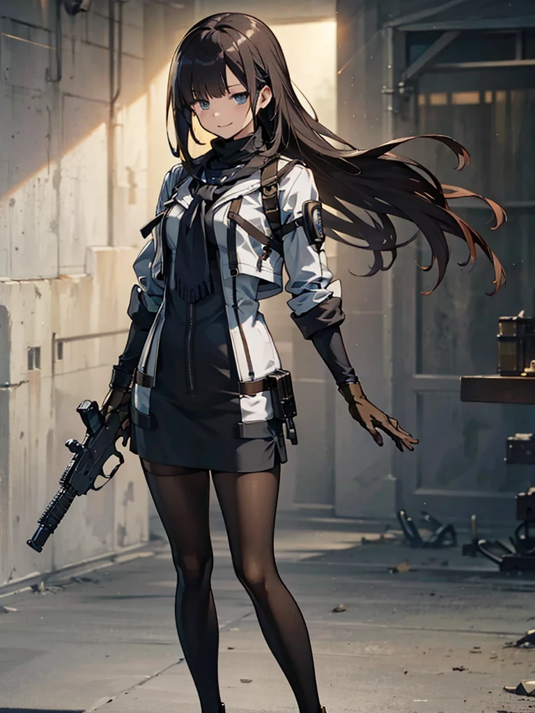 holding_gun, assault_rifle, Very detailed, Anime Style, whole body, alone, Stylish Gunfighter Girl, Holding a steampunk long barrel pistol,Standing in the wasteland, 8K high resolution, White Background, In the spotlight, The background is a dark and desolate landscape, Horror movie atmosphere. Her figure is very beautiful, Emphasizing the dark and crazy elements. Skillfully expressing the effects of light and shadow,